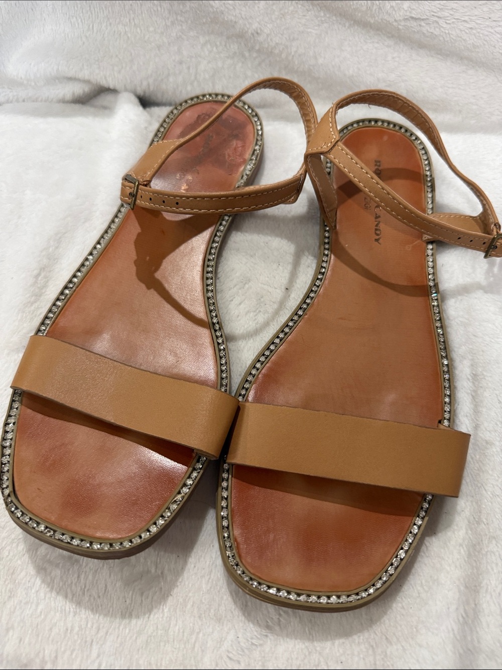 Rock & Candy Tan Ankle-Strap Sandals with Crystal Trim